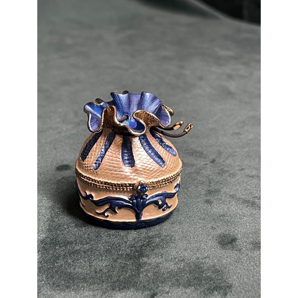 Enameled Trinket Box Blue Gold Drawstring Bag Pouch Crystal Magnetic Jewelry Box